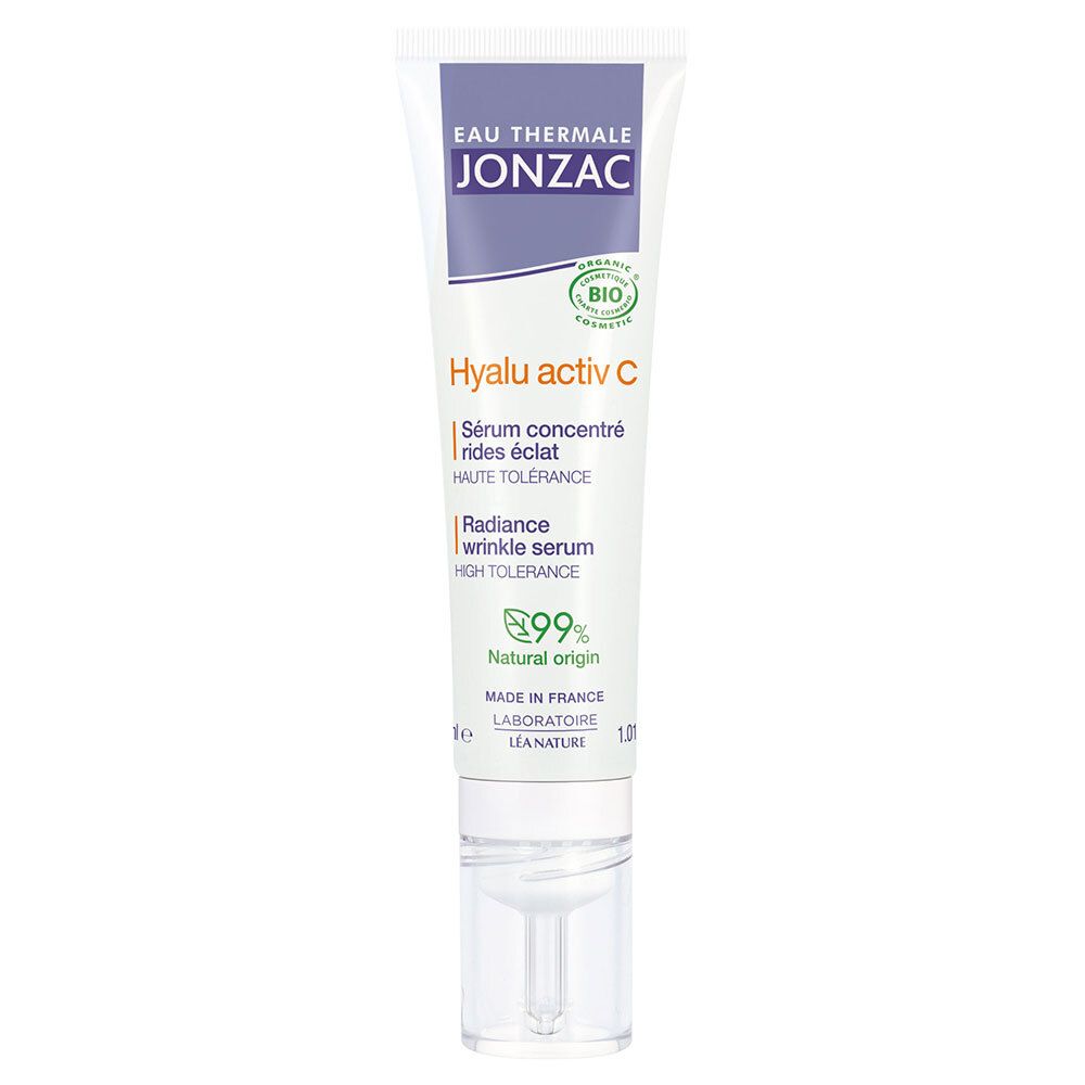 Weißer Tubenbehälter mit Produkt. Aufschrift: Jonzac, Hyalu activ C, Serum concentré rides éclat. Mit Applikator.