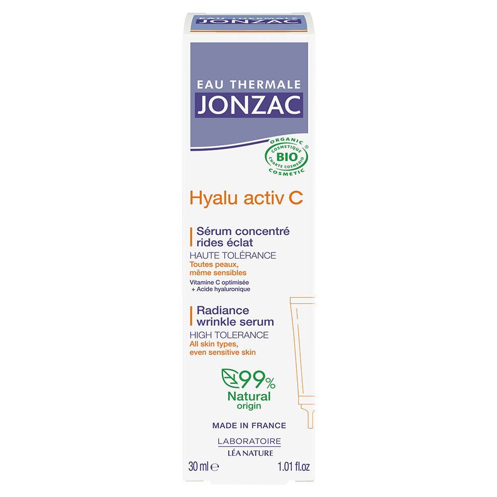 Karton mit Produkt. Aufschrift: Jonzac, Hyalu activ C, Serum concentré rides éclat. Mit Produktabbildung und 30ml.