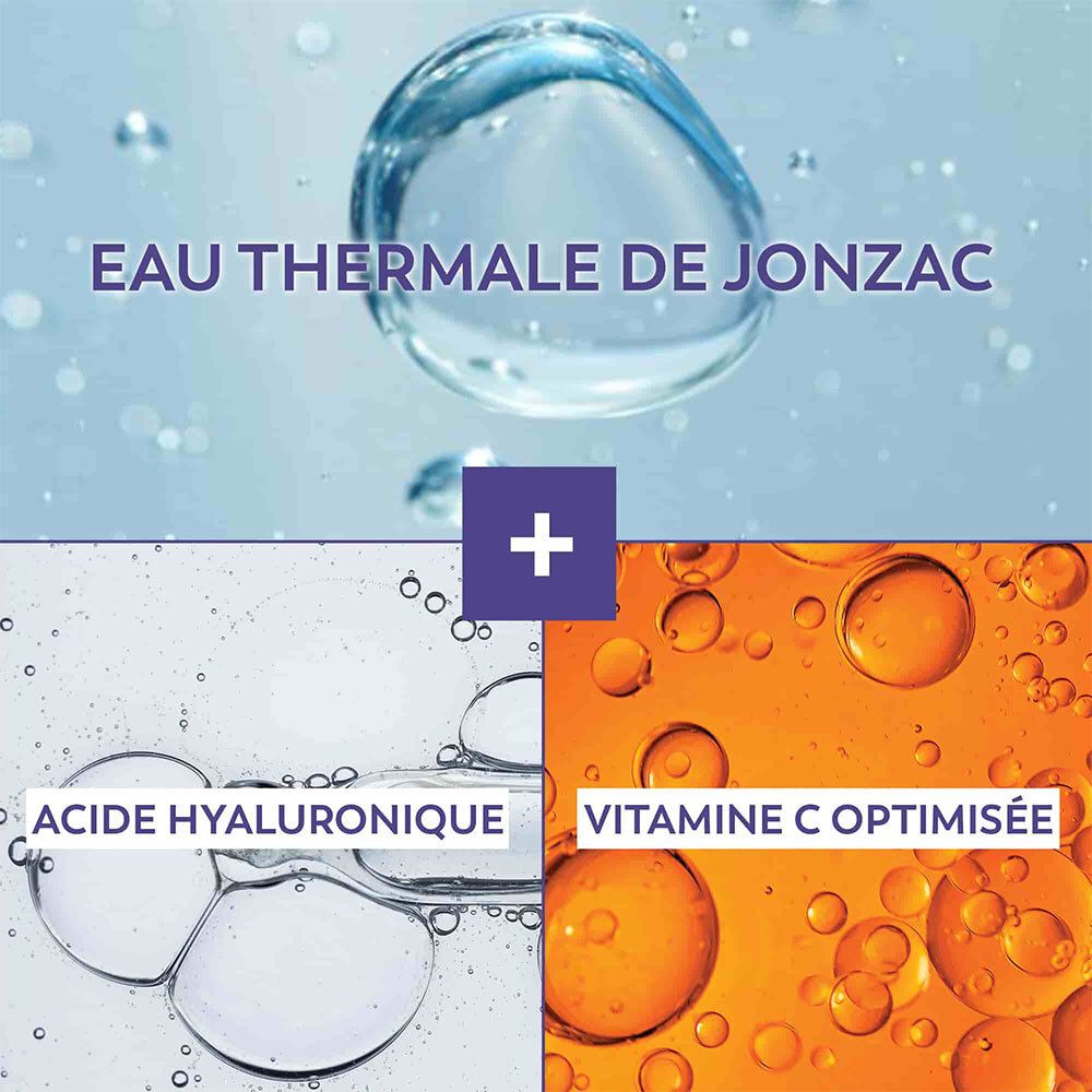 Bild zeigt Wasser, Hyaluronsäure und Vitamin C. Text: Eau Thermale de Jonzac, Acide Hyaluronique, Vitamine C optimisée.
