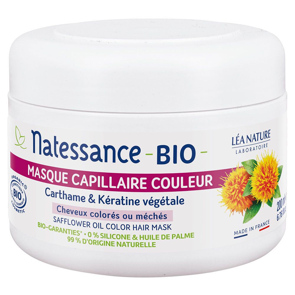 Weiße Dose mit Aufschrift Natessance-BIO, Masque Capillaire Couleur. Enthält Distelöl und pflanzliches Keratin.