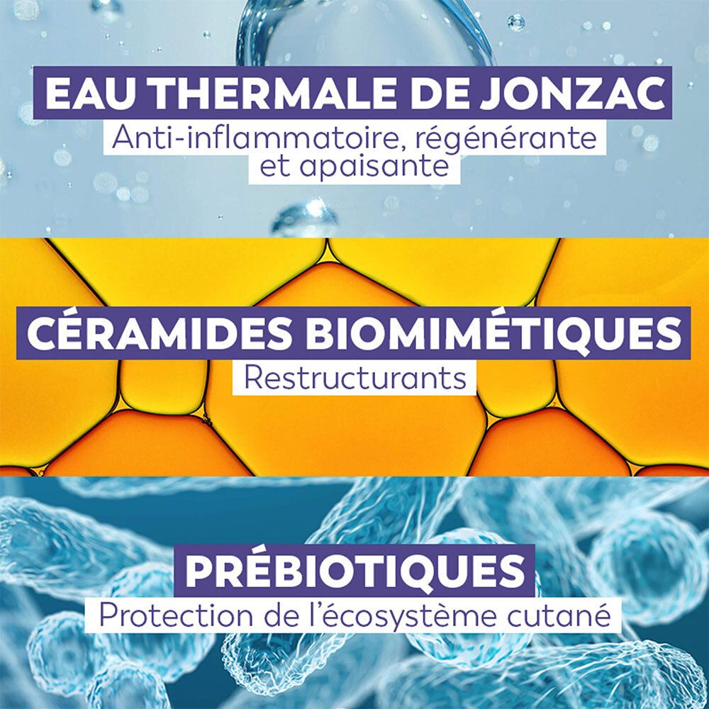 Drei farbige Balken mit Text. Eau Thermale de Jonzac, Ceramides biomimétiques, Prébiotiques. Hintergrund mit Wasser und Blasen.