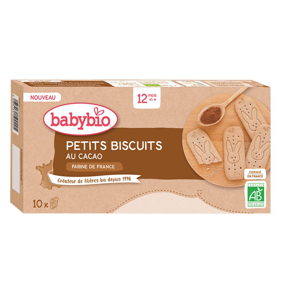 Boîte de Babybio Petits Biscuits au Cacao. Inscription : 12 mois+, 10 pièces, label AB. Biscuits en forme de lapin.