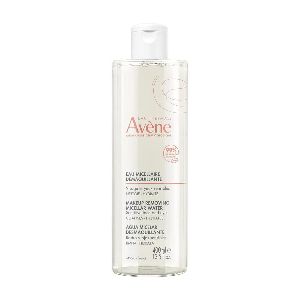 Flacon transparent avec bouchon blanc. Étiquette avec nom du produit et marque Avène. Contient 400ml.
