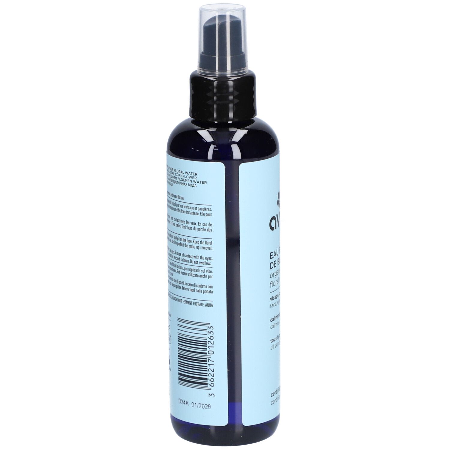 Rückseite der Flasche. Text in mehreren Sprachen. Barcode und Chargennummer. Zertifizierungen.
