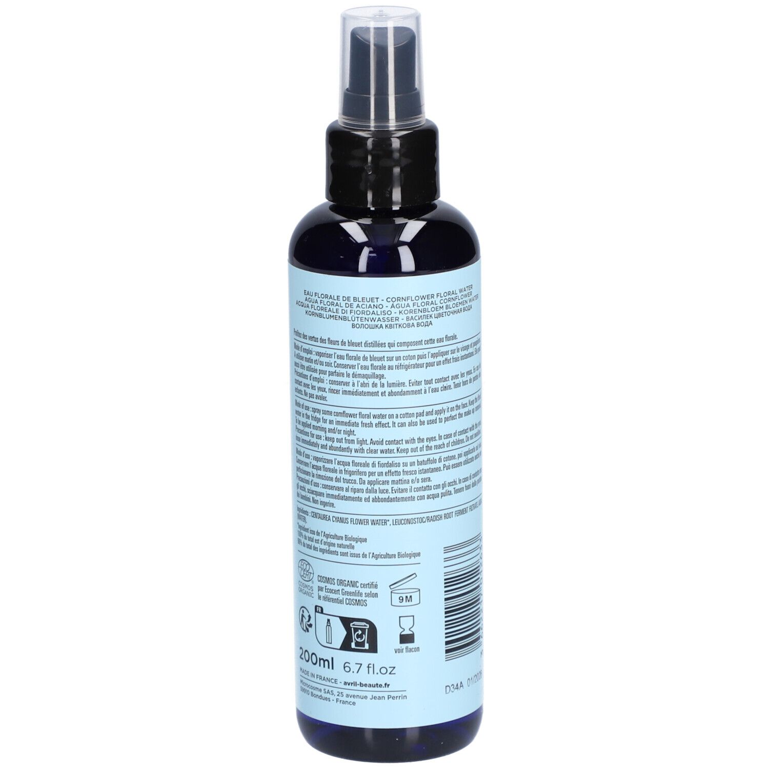 Rückseite der Flasche. Text in mehreren Sprachen. Volumenangabe: 200ml. Zertifizierungen.
