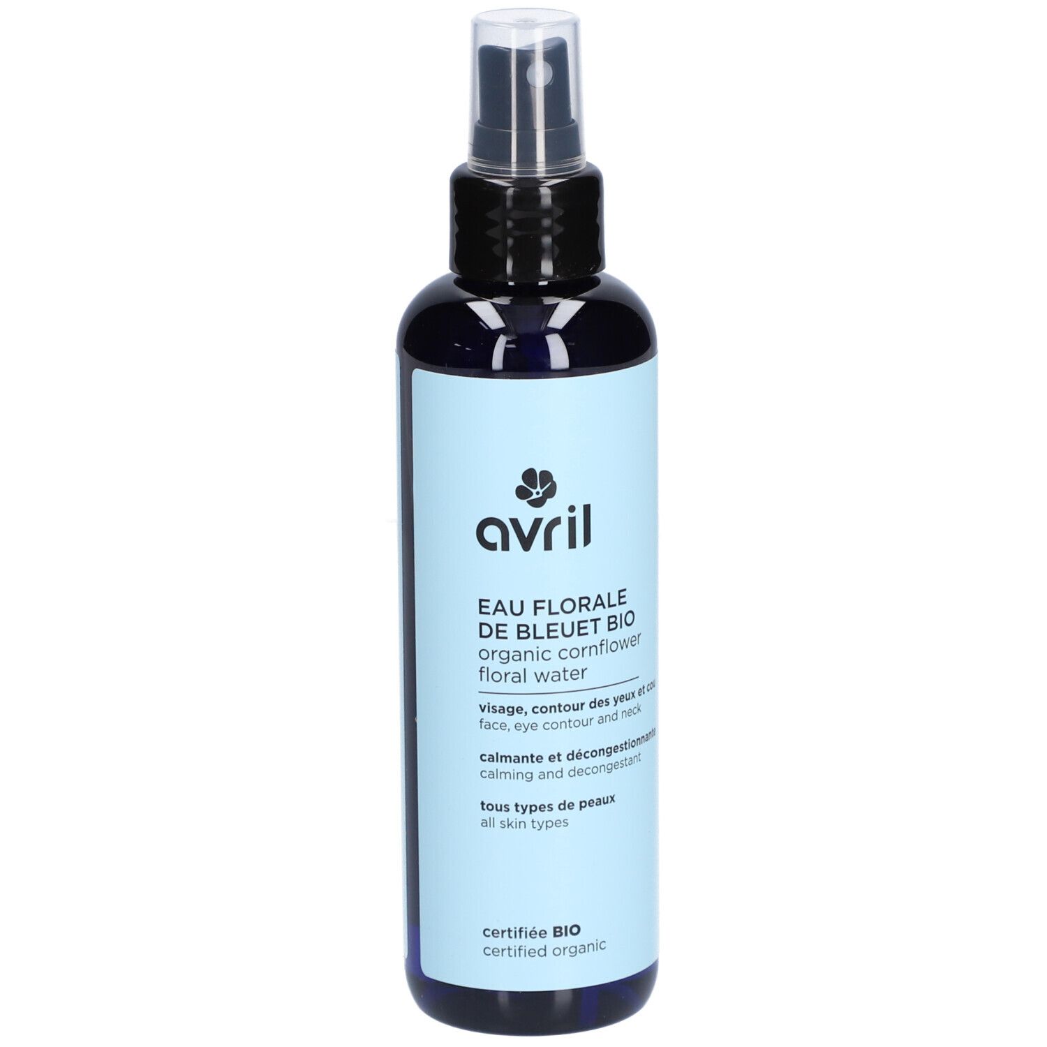 Blau-transparente Flasche mit Sprühkopf. Aufschrift: Avril Eau Florale de Bleuet Bio, zertifiziert Bio.