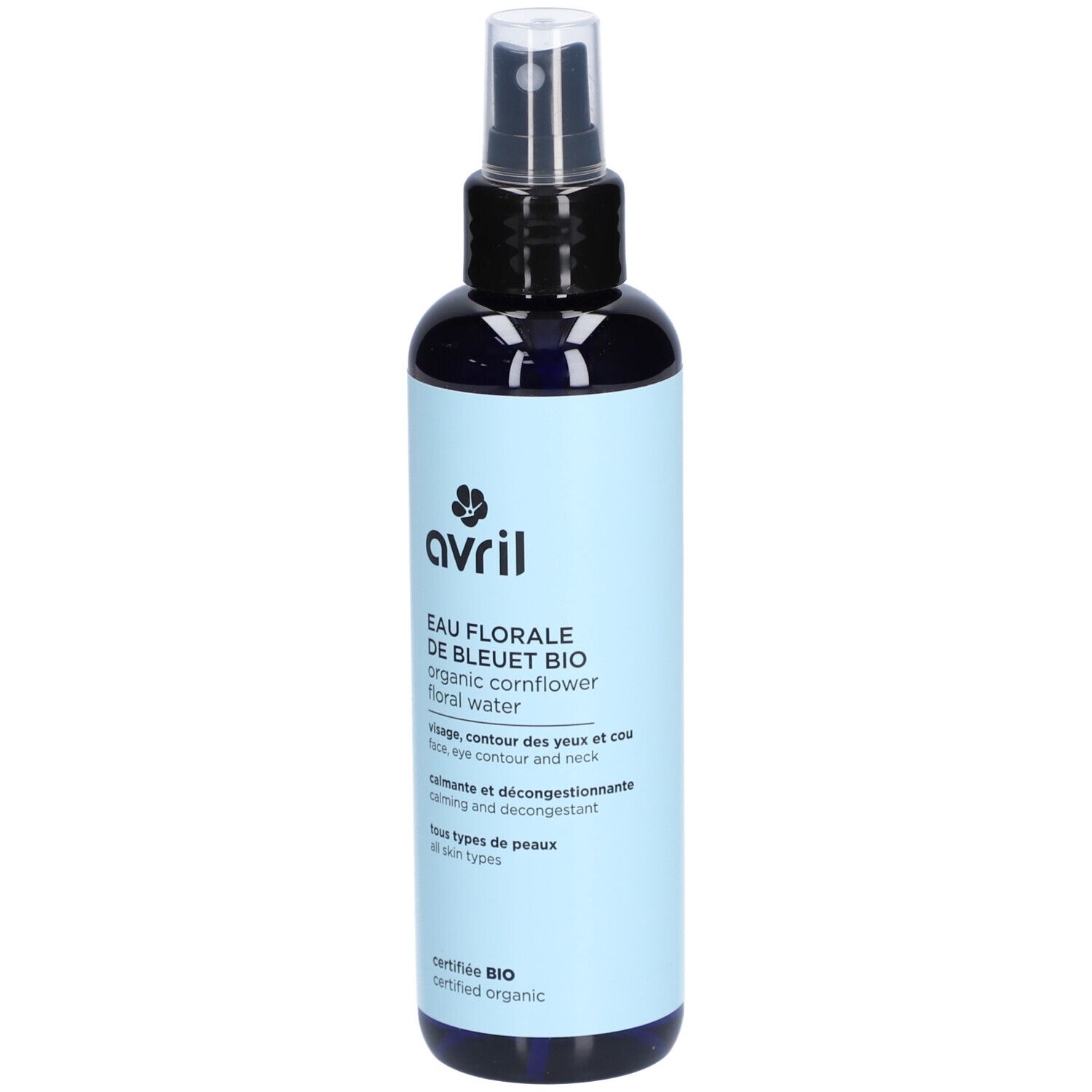 Blau-transparente Flasche mit Sprühkopf. Aufschrift: Avril Eau Florale de Bleuet Bio, zertifiziert Bio.