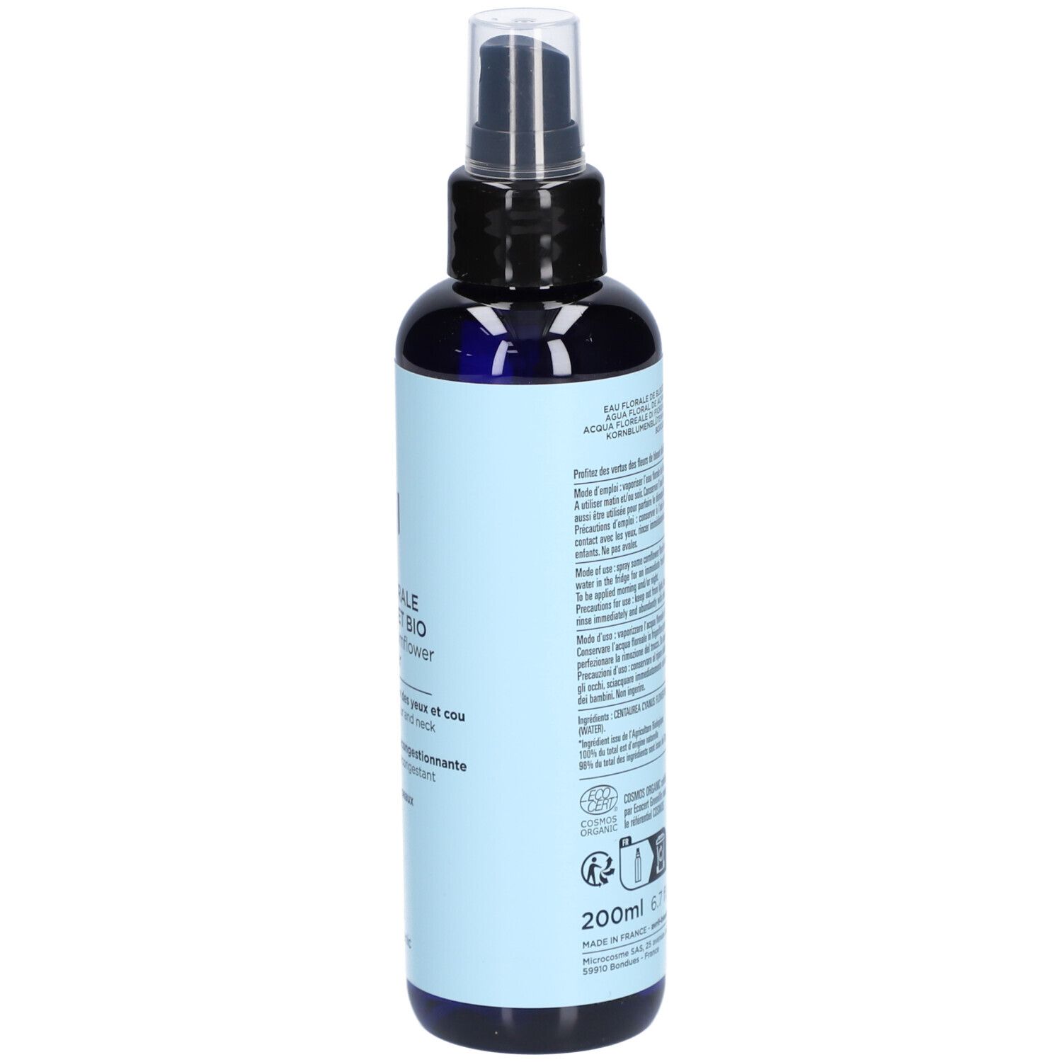 Rückseite der Flasche. Text in mehreren Sprachen. Volumenangabe: 200ml. Zertifizierungen.