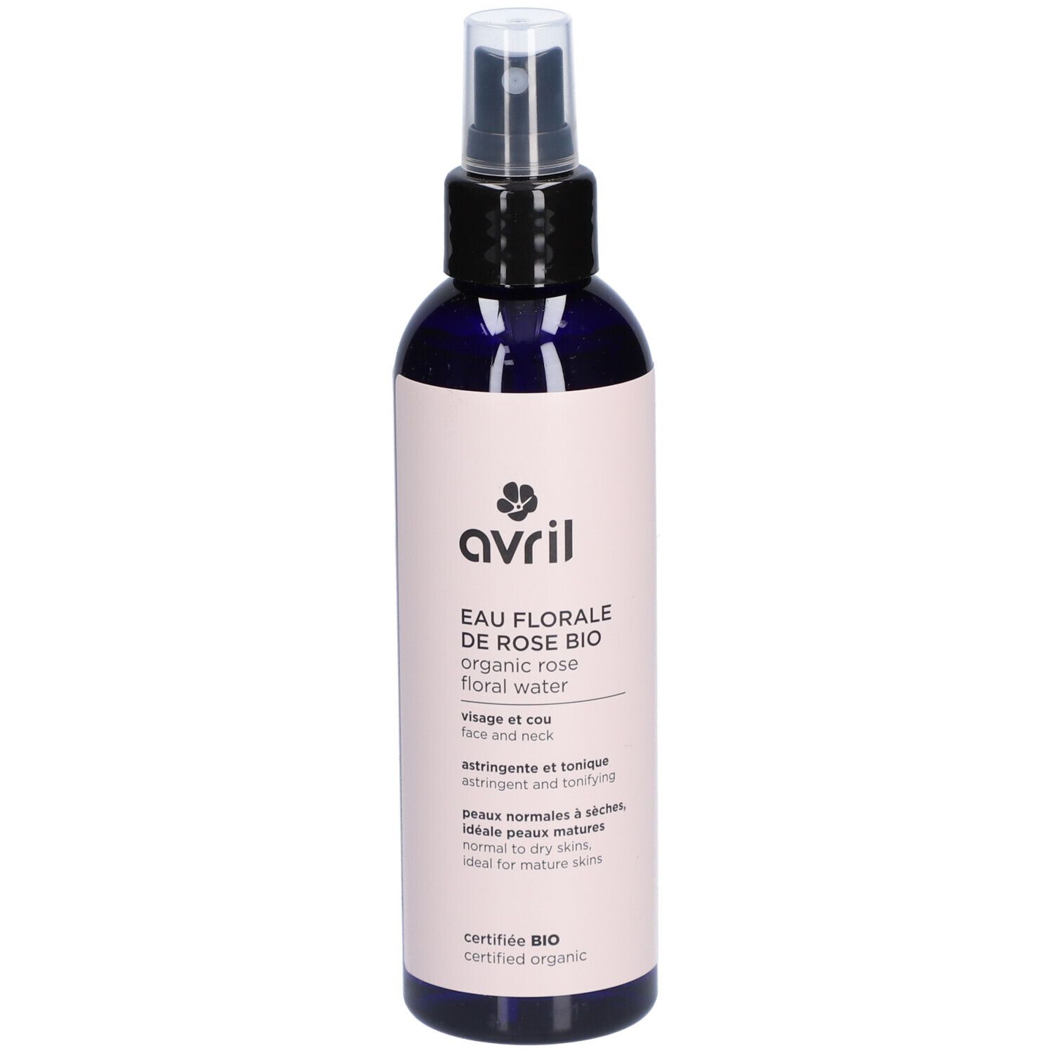 Dunkelblaue Sprühflasche mit rosa Etikett. Aufschrift: Avril Eau Florale de Rose Bio. Zertifiziertes Bio-Siegel.