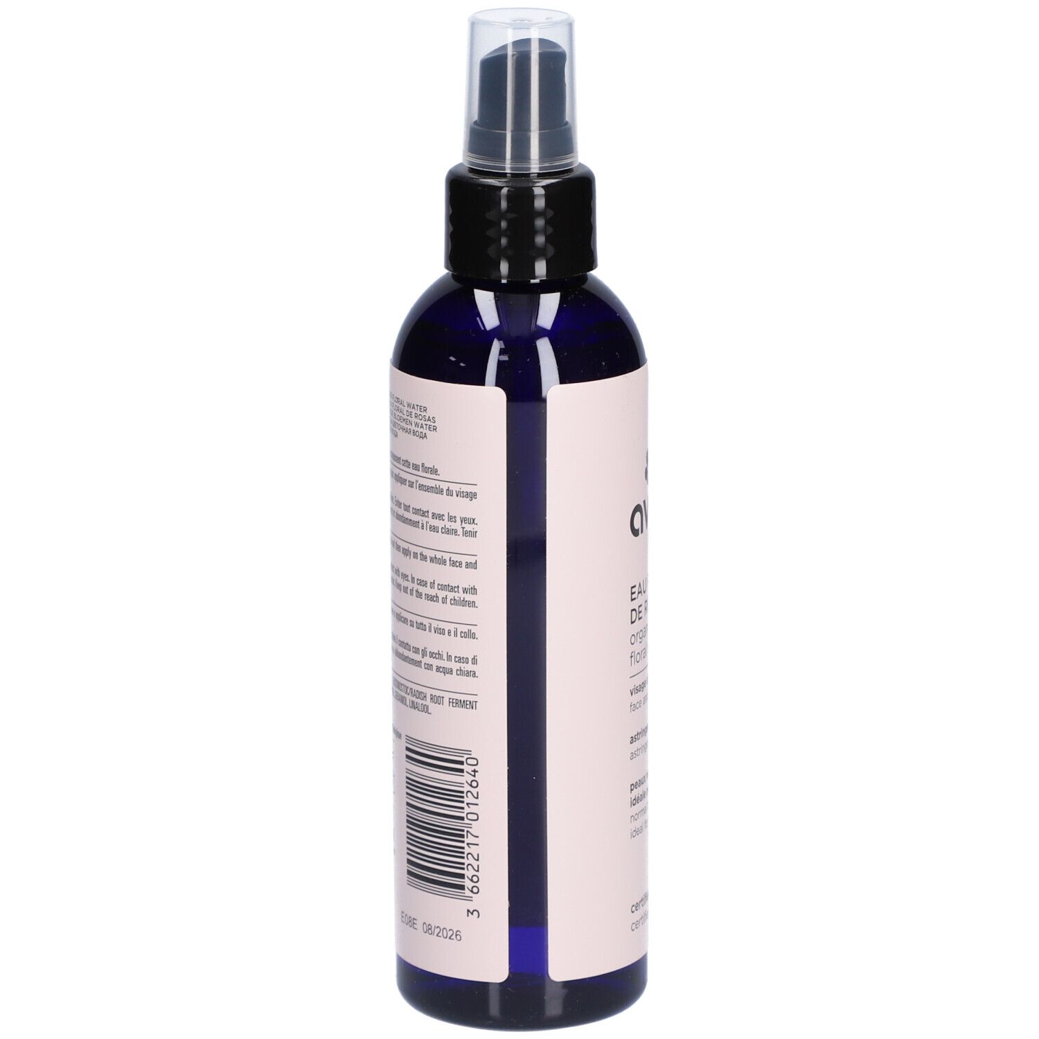 Dunkelblaue Sprühflasche mit rosa Etikett. Barcode und Text auf der Rückseite. Produktinformationen.