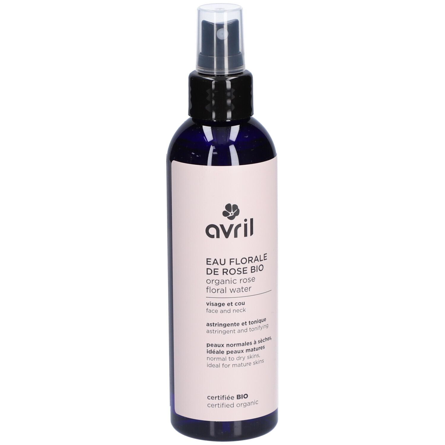 Dunkelblaue Sprühflasche mit rosa Etikett. Aufschrift: Avril Eau Florale de Rose Bio. Zertifiziertes Bio-Siegel.