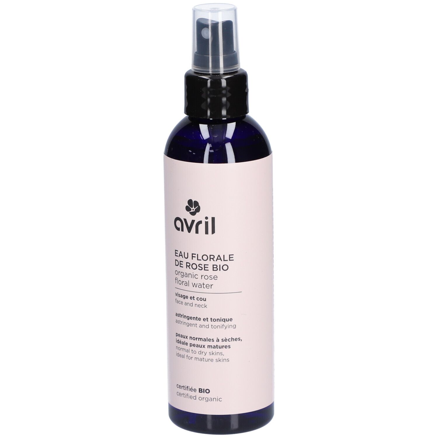 Dunkelblaue Sprühflasche mit rosa Etikett. Aufschrift: Avril Eau Florale de Rose Bio. Zertifiziertes Bio-Siegel.