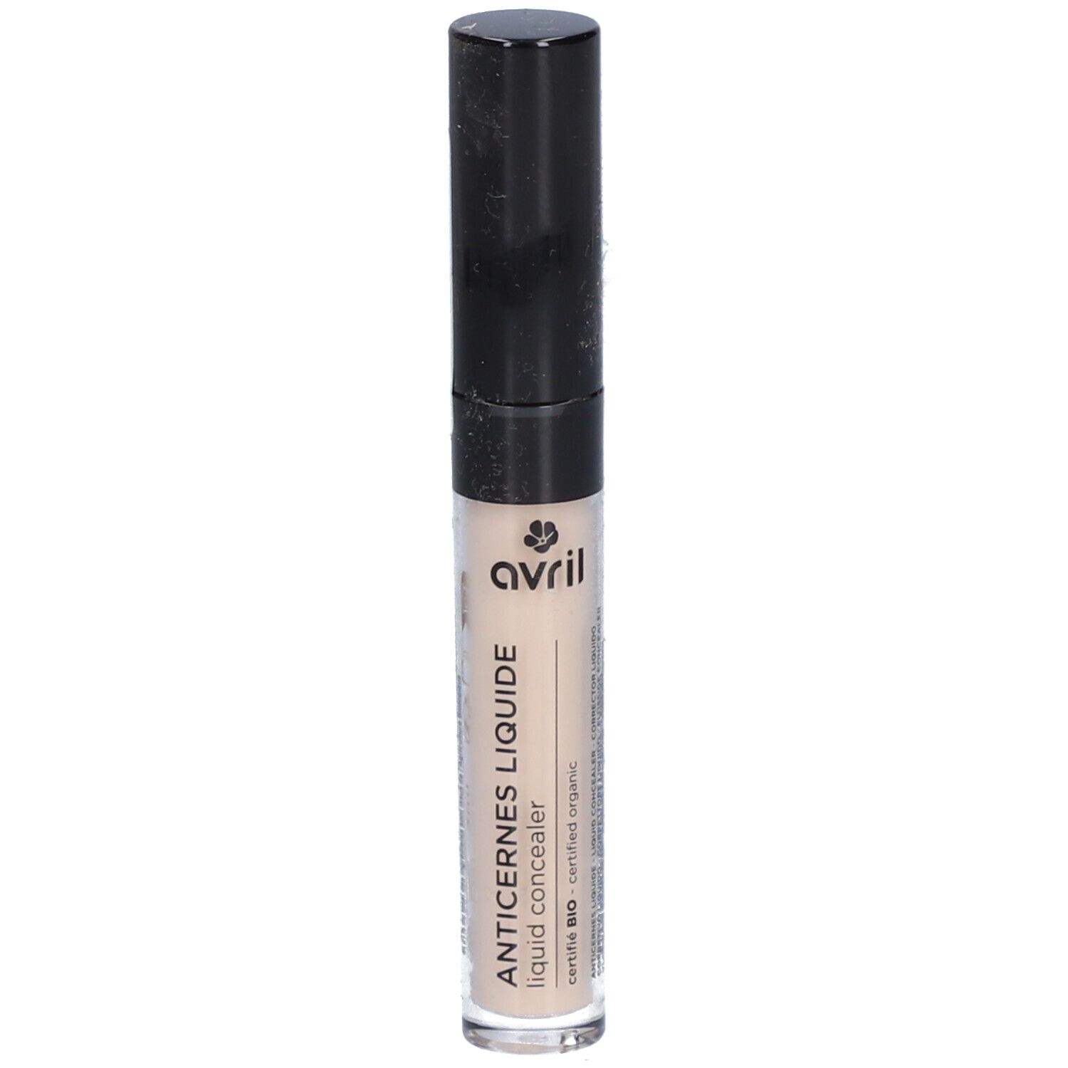 Flüssig-Concealer in einer transparenten Tube mit schwarzem Deckel. Aufschrift: Anticernes Liquide, Avril. Zertifiziertes Bio-Produkt.