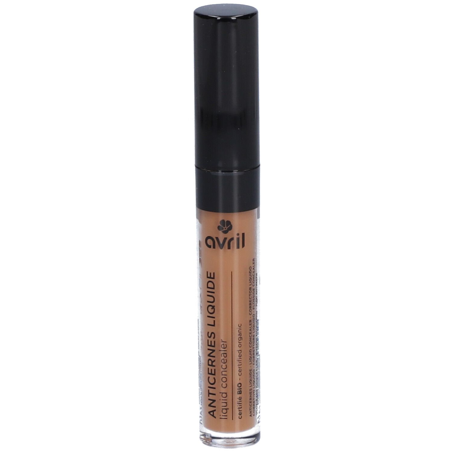 Flüssig-Concealer mit schwarzem Deckel. Aufschrift: Avril, ANTICERNES LIQUIDE, certified organic.