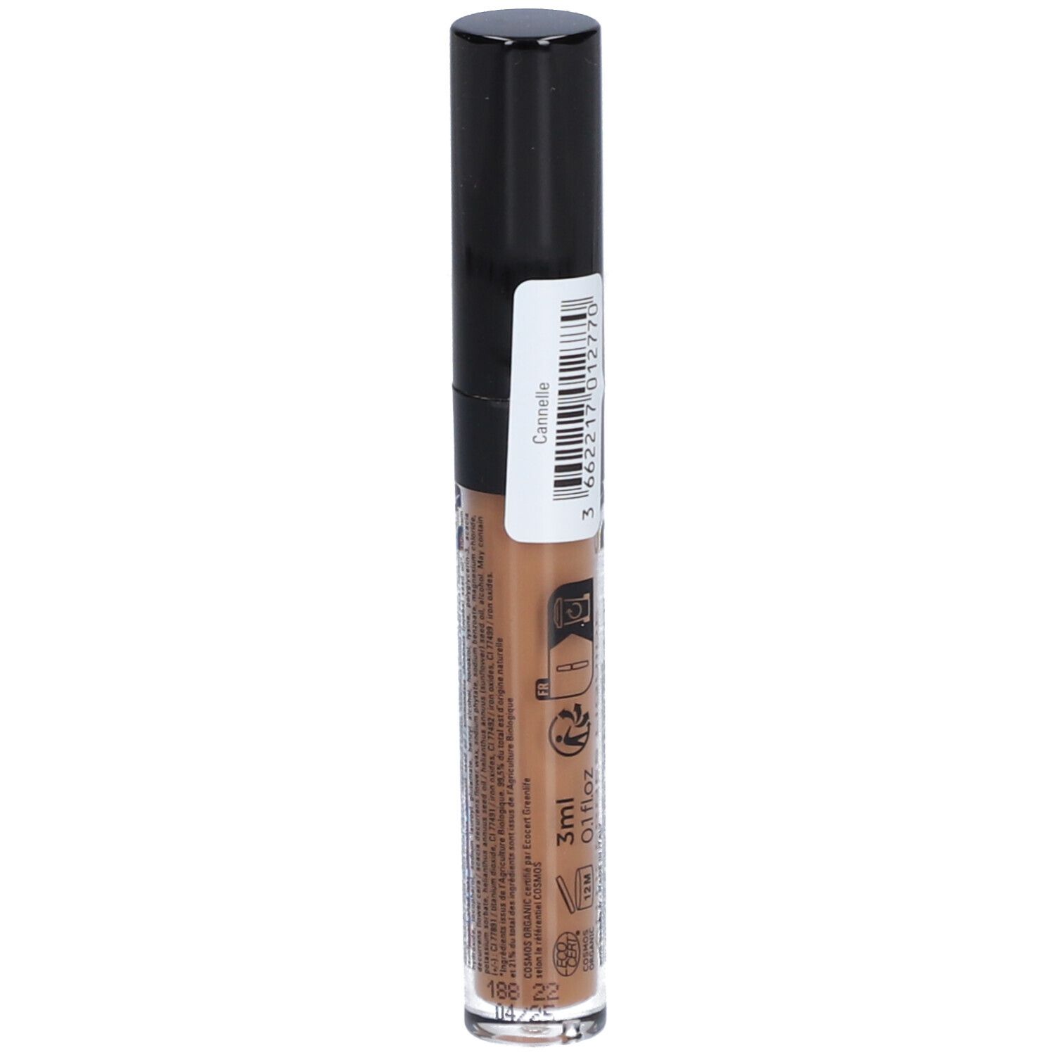 Flüssig-Concealer mit schwarzem Deckel. Aufschrift: ANTICERNES LIQUIDE. Etikett mit Text und 3ml.