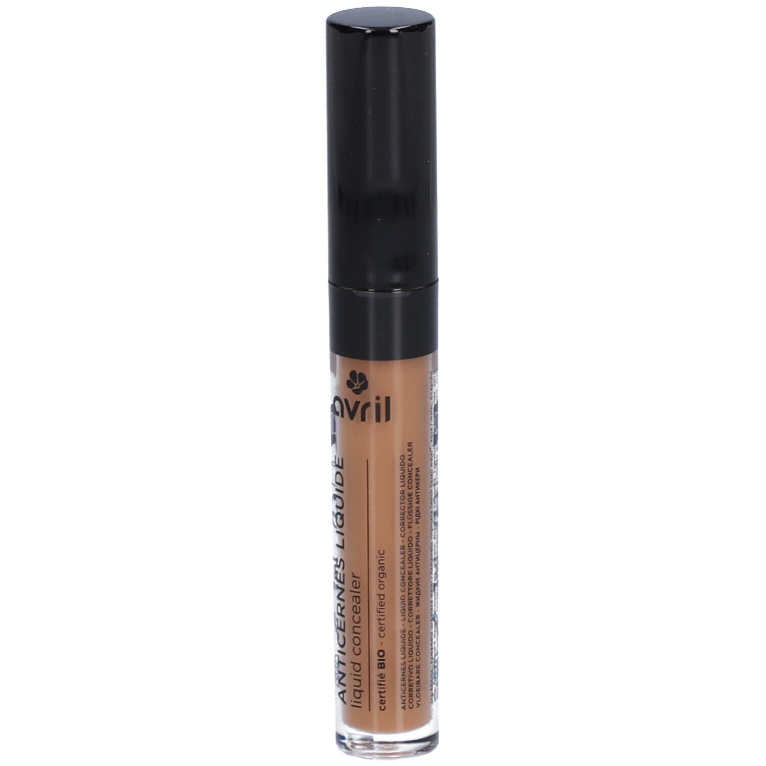 Flüssig-Concealer mit schwarzem Deckel. Aufschrift: Avril, ANTICERNES LIQUIDE, certified organic.