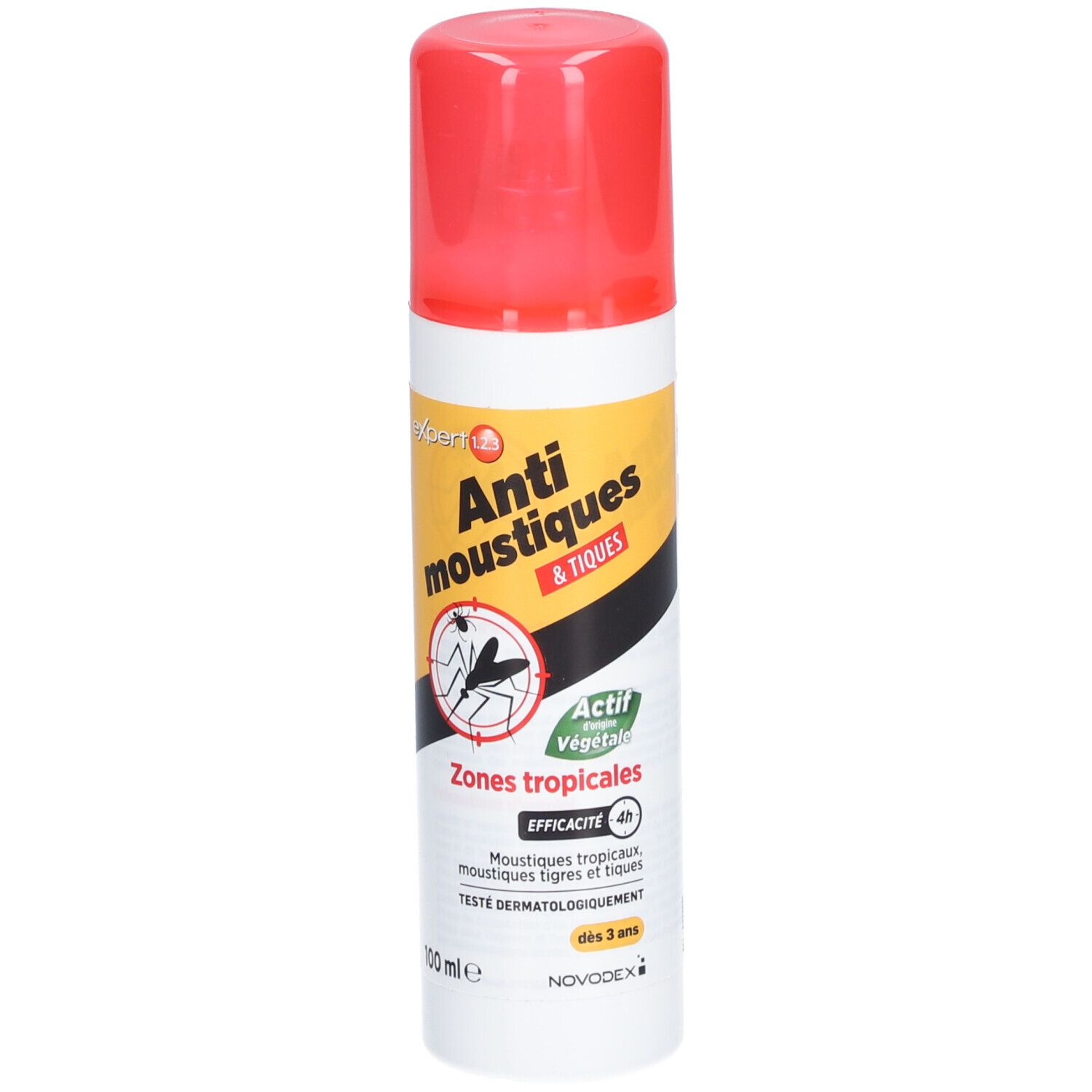 Spray anti-moustiques et tiques, zones tropicales. Capuchon rouge. Efficacité 4h. Testé dermatologiquement. Actif végétal.
