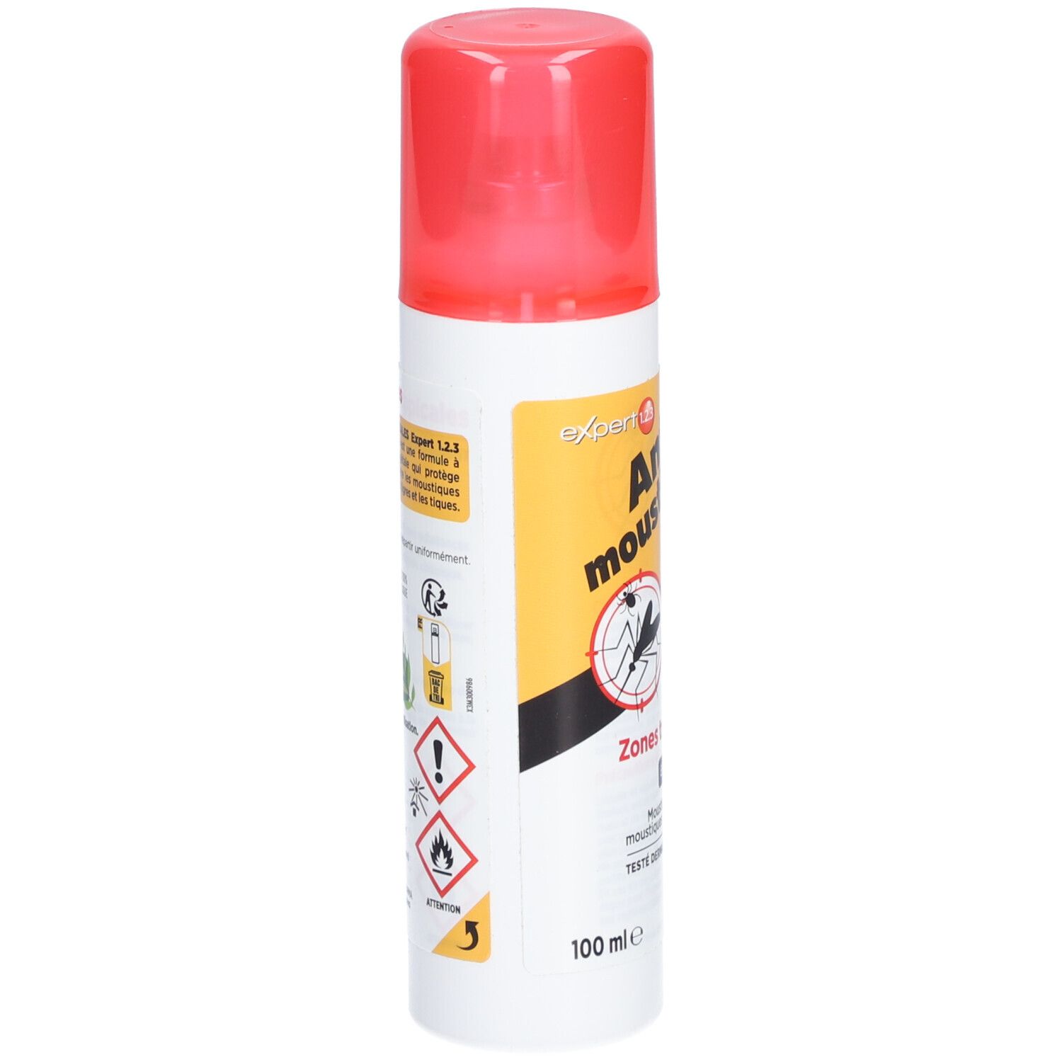 Spray anti-moustiques et tiques, zones tropicales. Capuchon rouge. Pictogrammes de danger et informations.