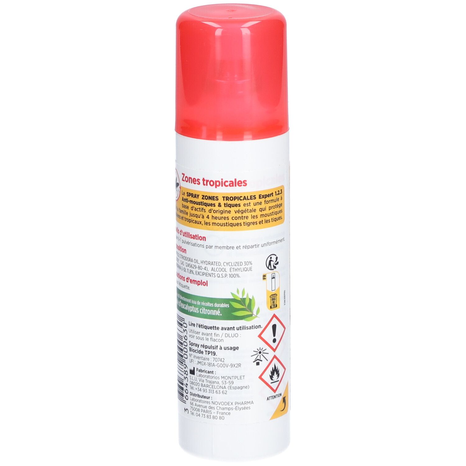 Spray anti-moustiques et tiques, zones tropicales. Informations produit au dos. Ingrédients et conseils d'utilisation.
