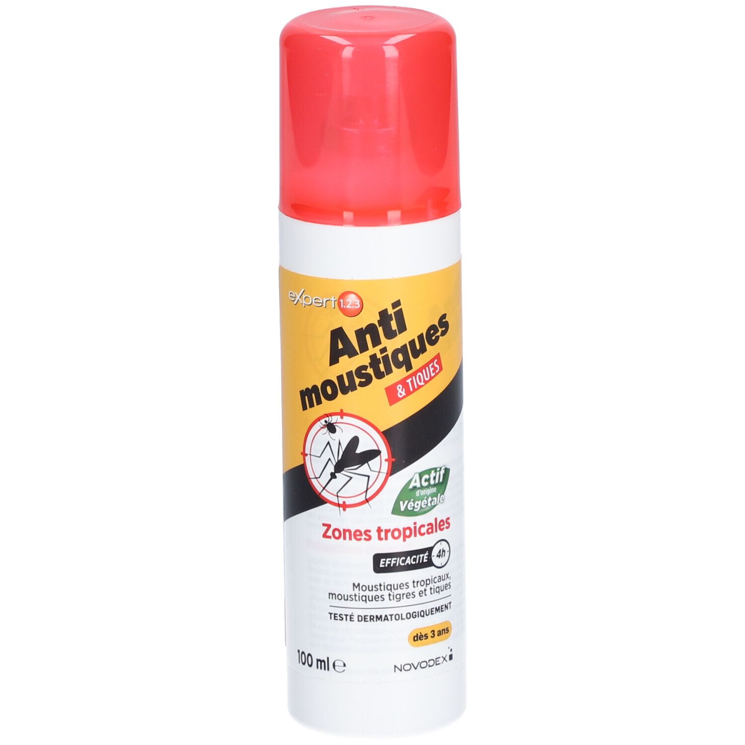 Spray anti-moustiques et tiques, zones tropicales. Capuchon rouge. Efficacité 4h. Testé dermatologiquement. Actif végétal.