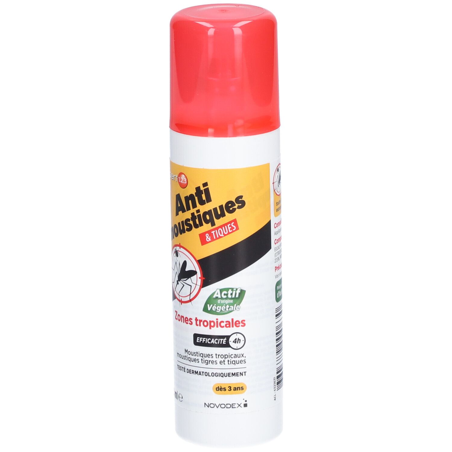 Spray anti-moustiques et tiques, zones tropicales. Capuchon rouge. Efficacité 4h. Testé dermatologiquement. Actif végétal.