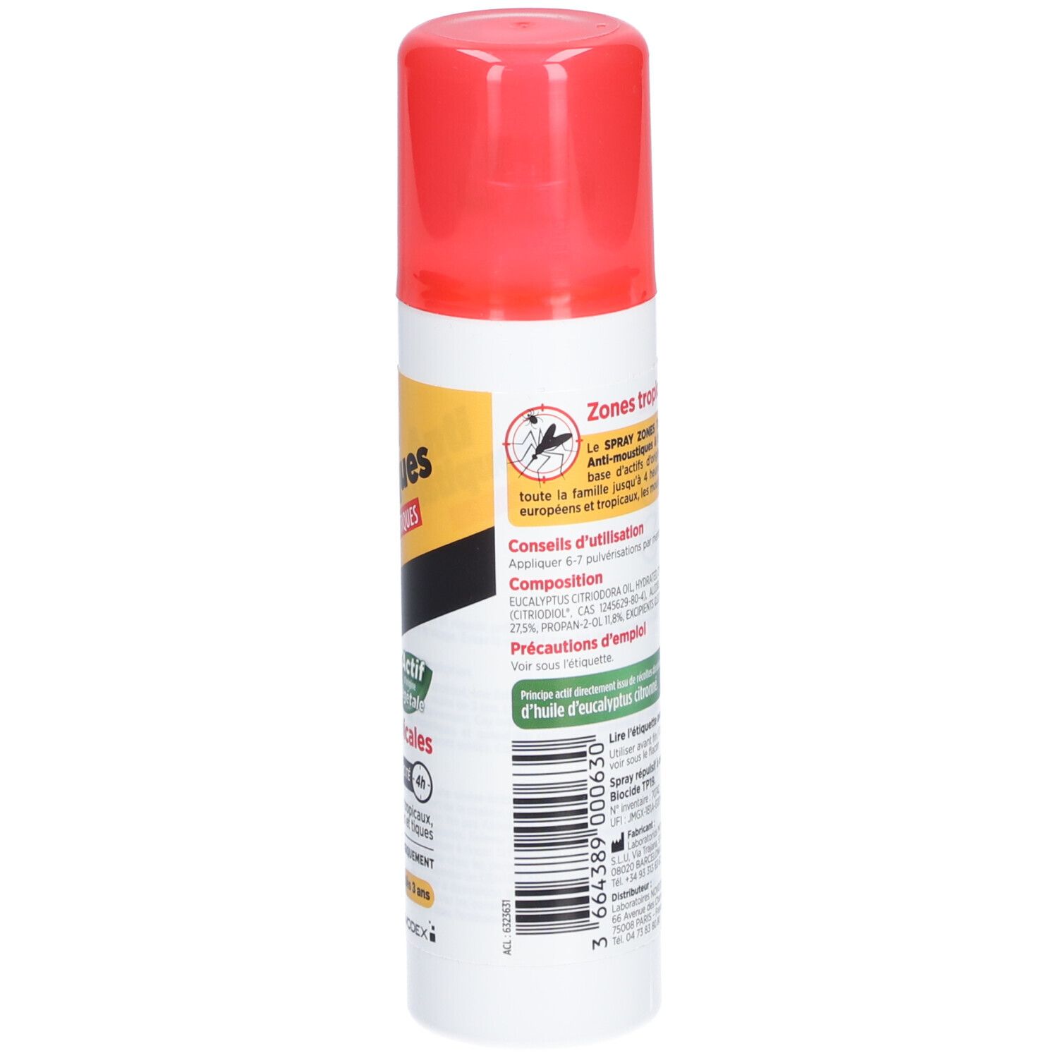 Spray anti-moustiques et tiques, zones tropicales. Informations produit au dos. Ingrédients et conseils d'utilisation.