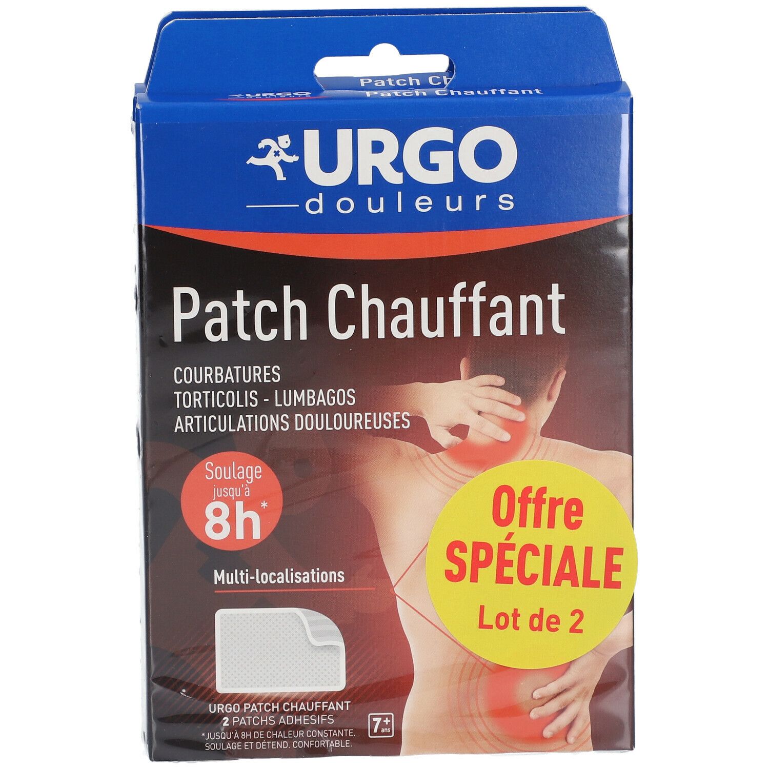 Boîte de Patch Chauffant URGO. Inscriptions: Courbatures, Torticolis, Lumbagos, Articulations douloureuses. Offre: Lot de 2. Soulage jusqu'à 8h.