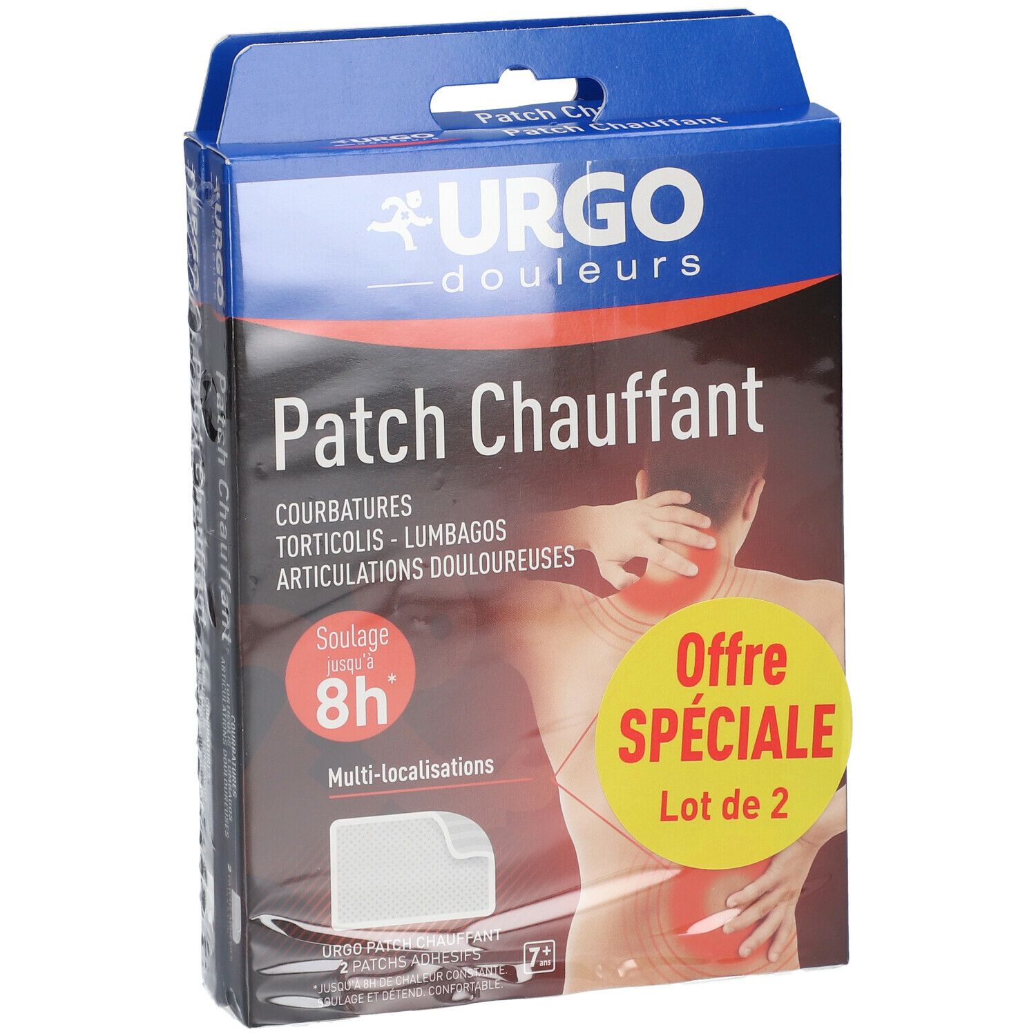 Boîte de Patch Chauffant URGO. Inscriptions: Courbatures, Torticolis, Lumbagos, Articulations douloureuses. Offre: Lot de 2. Soulage jusqu'à 8h.