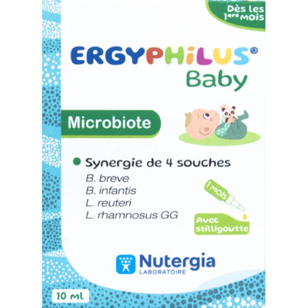 Boîte Ergyphilus Baby. Contient une pipette. Texte: Synergie de 4 souches, 10 ml, Nutergia.