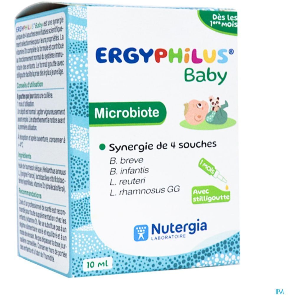 Boîte Ergyphilus Baby. Contient une pipette. Texte: Synergie de 4 souches, 10 ml, Nutergia.