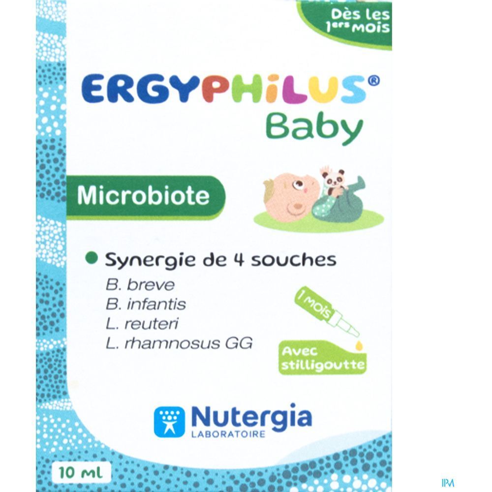 Boîte Ergyphilus Baby. Contient une pipette. Texte: Synergie de 4 souches, 10 ml, Nutergia.