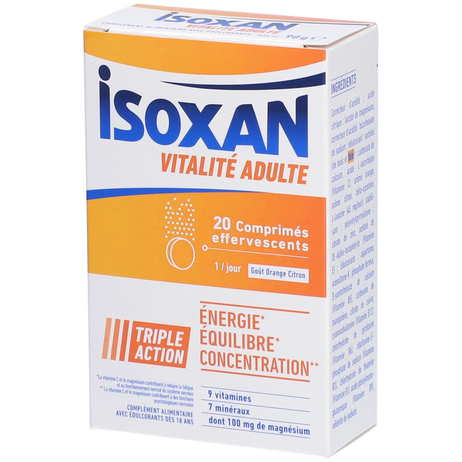 Boîte ISOXAN VITALITÉ ADULTE. Contient 20 comprimés effervescents. Goût orange citron. Triple action : Énergie, Équilibre, Concentration.
