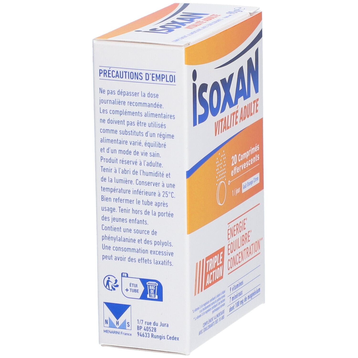 Vue latérale de la boîte ISOXAN VITALITÉ ADULTE. Contient 20 comprimés effervescents. Texte : Précautions d'emploi. Adresse du fabricant.