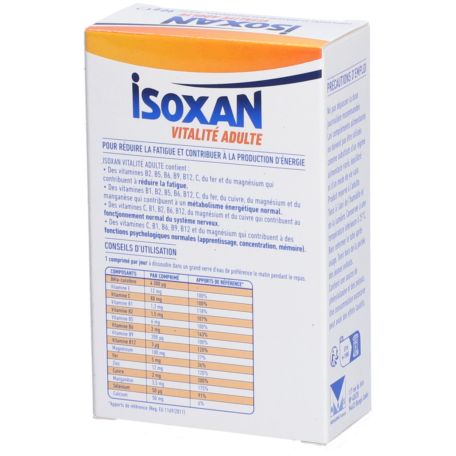 Dos de la boîte ISOXAN VITALITÉ ADULTE. Contient 20 comprimés effervescents. Texte : Pour réduire la fatigue et contribuer à l'énergie. Ingrédients.