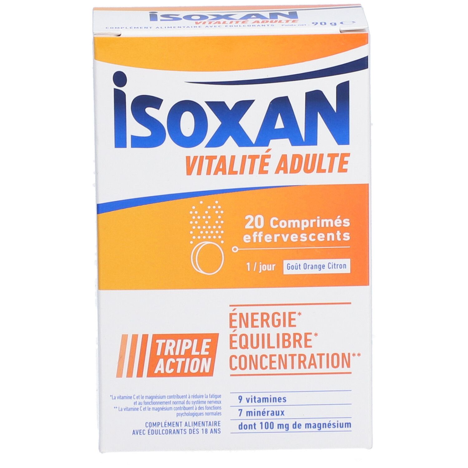 Boîte ISOXAN VITALITÉ ADULTE. Contient 20 comprimés effervescents. Goût orange citron. Triple action : Énergie, Équilibre, Concentration.