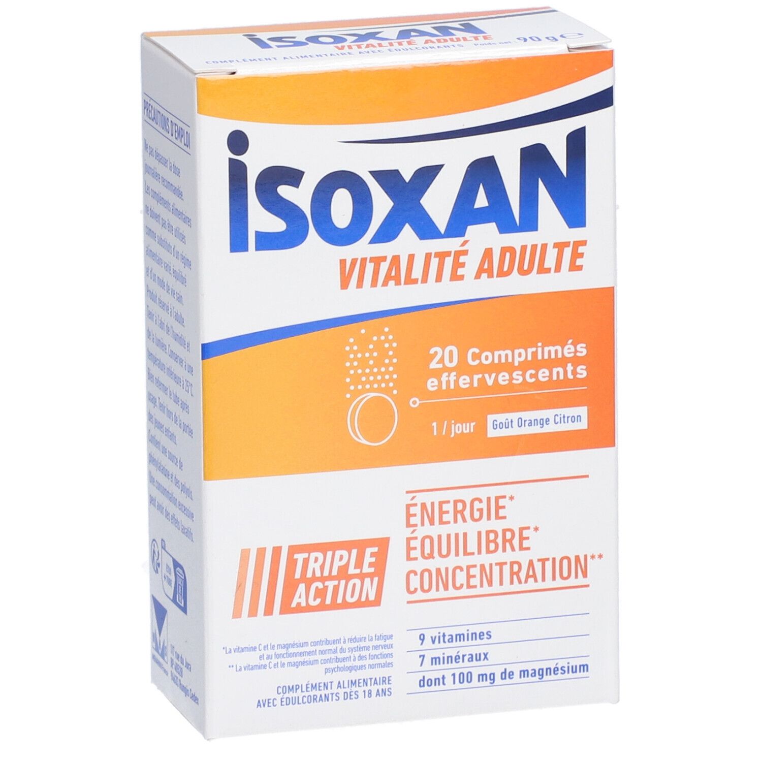 Boîte ISOXAN VITALITÉ ADULTE. Contient 20 comprimés effervescents. Goût orange citron. Triple action : Énergie, Équilibre, Concentration.