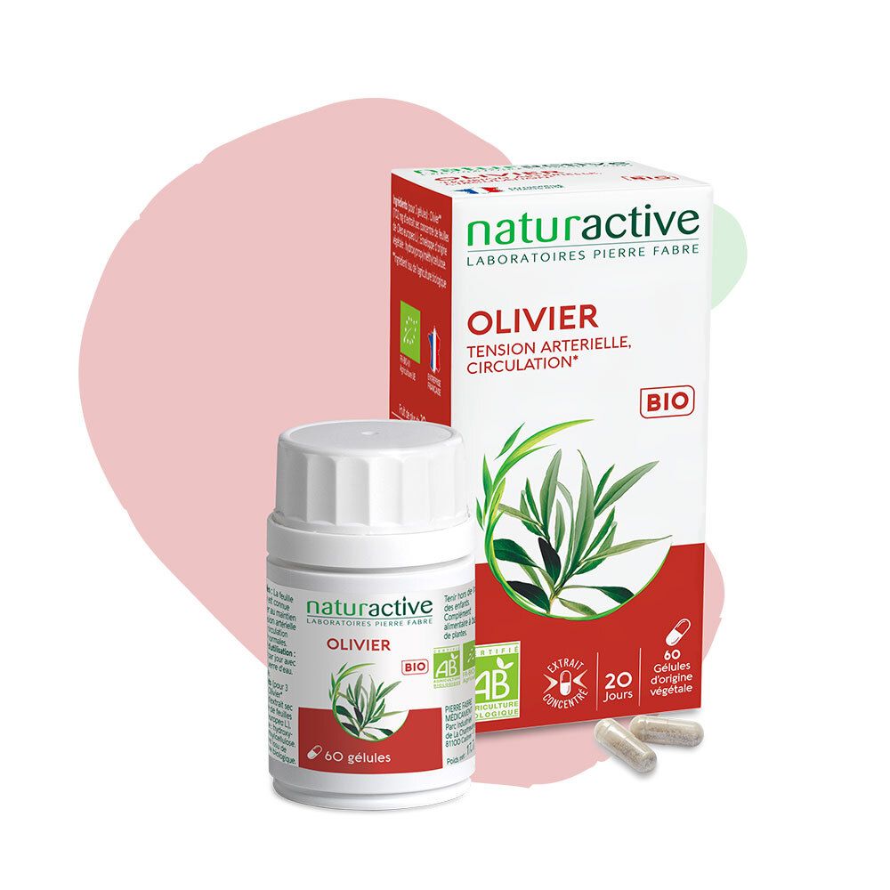 Flacon et boîte blancs avec Olivier, BIO. 60 gélules. Certifications AB et autres.