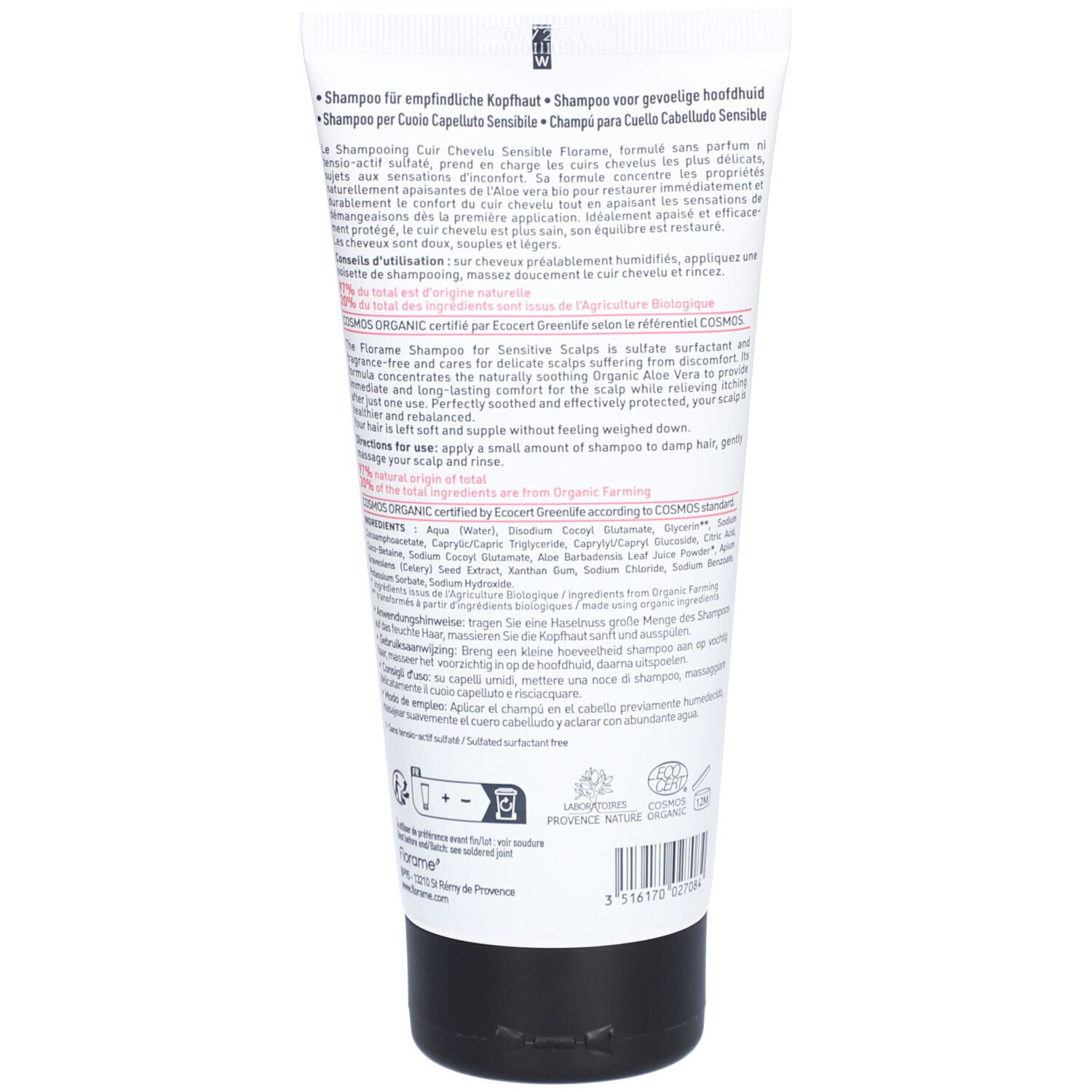 Dos du tube. Texte multilingue. Ingrédients et instructions. Certification Cosmos Organic.
