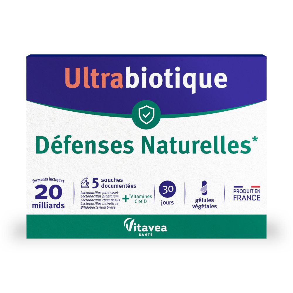 Boîte ULTRABIOTIK Défenses Naturelles. Bleu, blanc et vert. Inscriptions : 20 milliards, 30 jours, gélules végétales, Vitamines C et D.