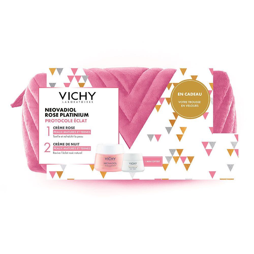 Trousse de cosmétiques Vichy avec produits. Trousse rose, deux crèmes, texte avec noms de produits. Emballage cadeau.