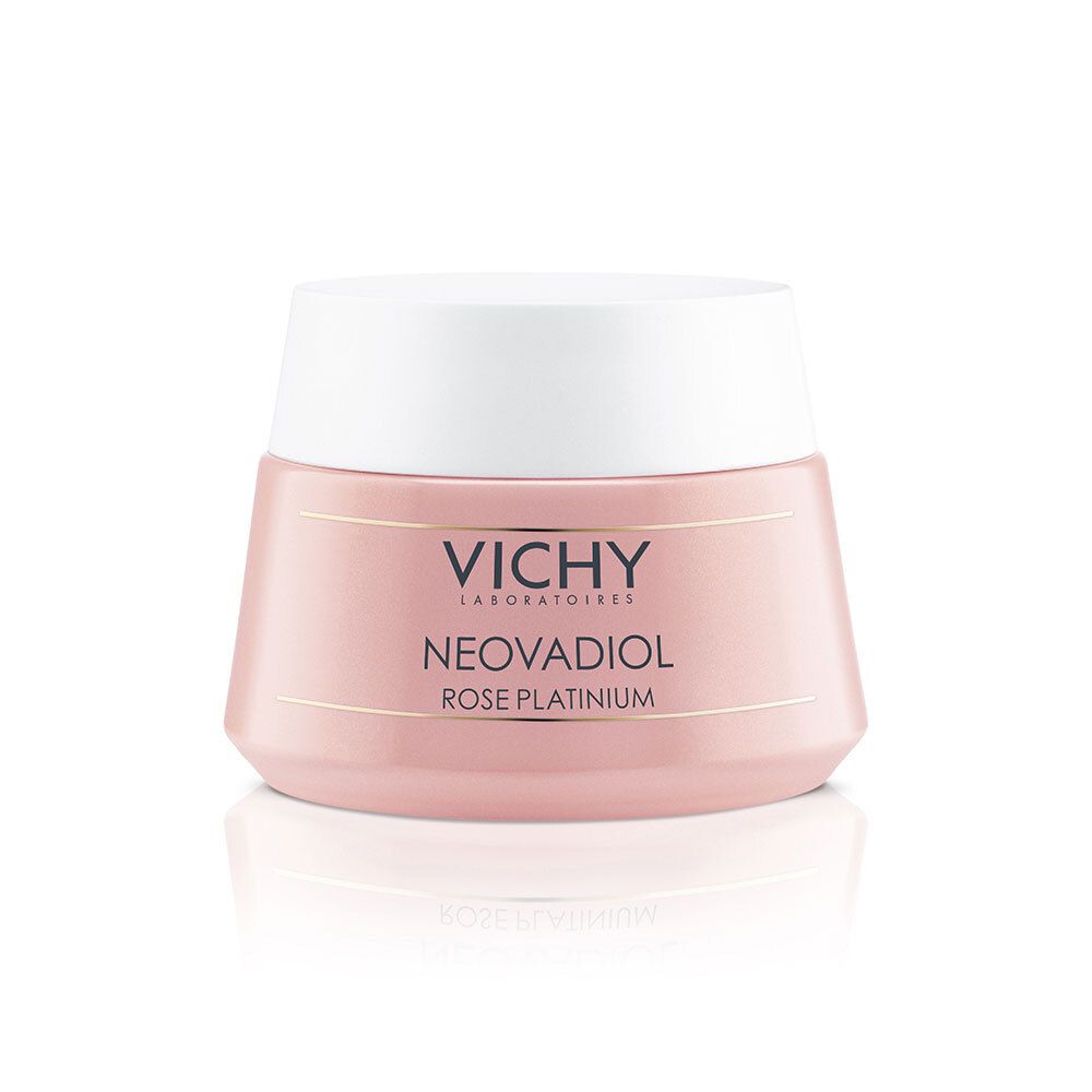 Pot de crème rose avec couvercle blanc. Inscription : Vichy, Neovadiol Rose Platinium. Surface réfléchissante.