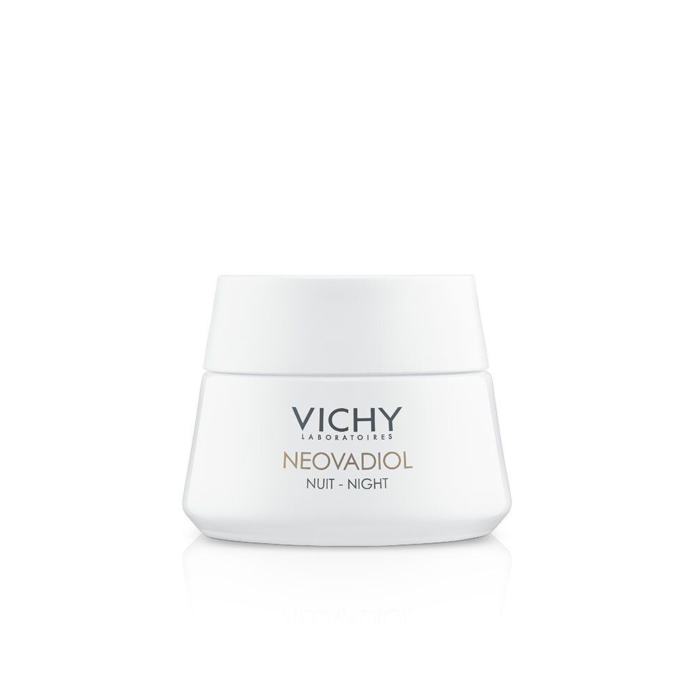 Pot de crème blanc avec couvercle blanc. Inscription : Vichy, Neovadiol Nuit-Night. Surface réfléchissante.