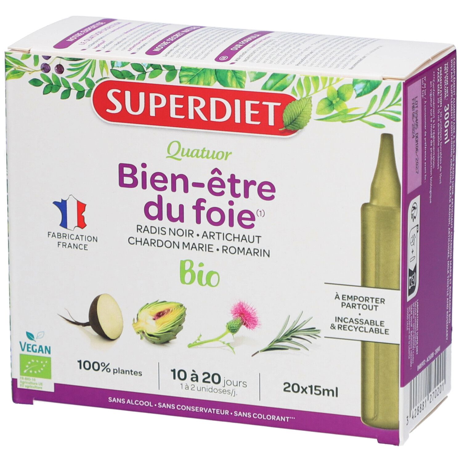 Boîte Superdiet Quatuor Bio Leber. Contient 20 ampoules. Vegan, certification bio, Fabriqué en France.