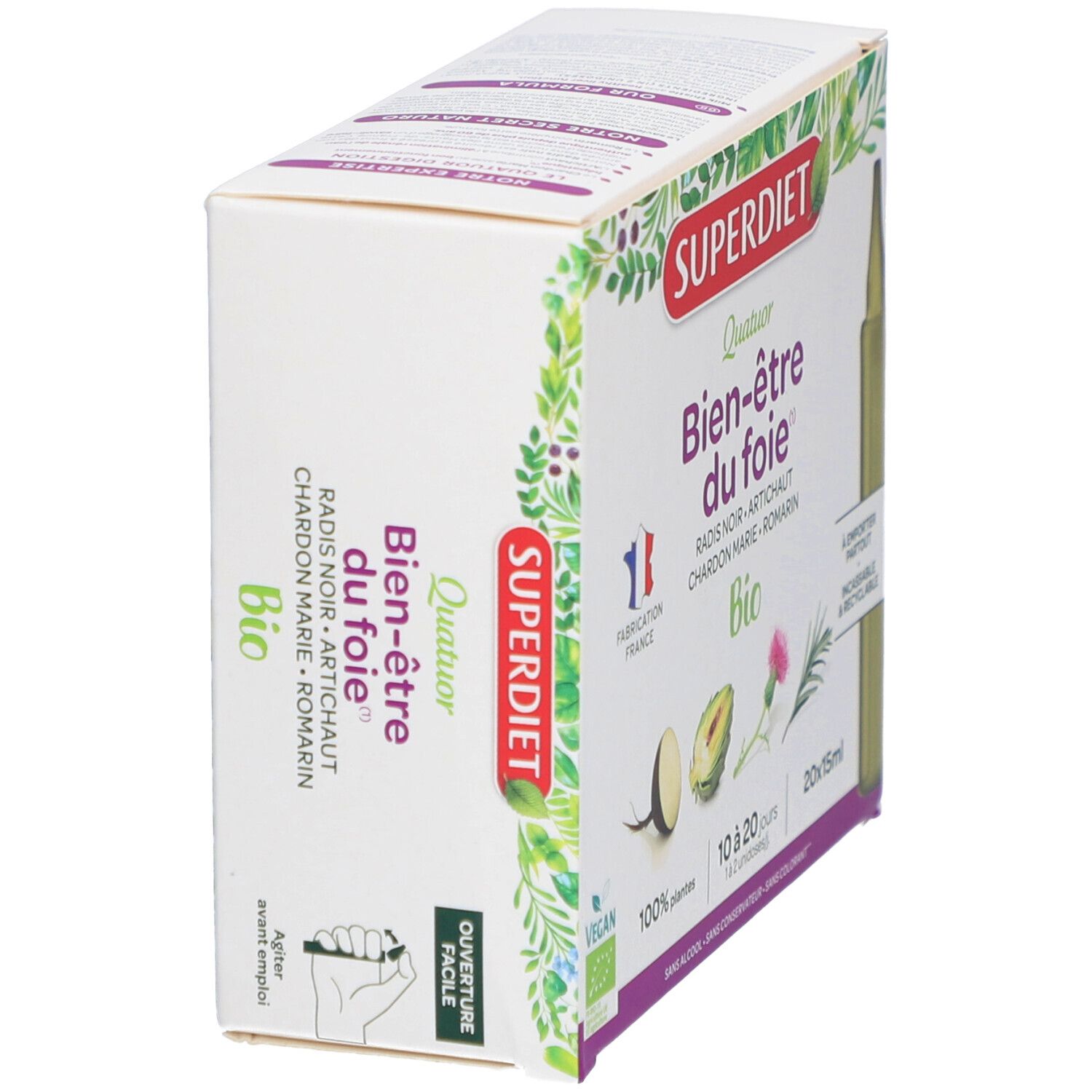 Vue oblique de la boîte Superdiet Quatuor Bio Leber. Texte: Bien-être du foie, Bio, 20 ampoules.