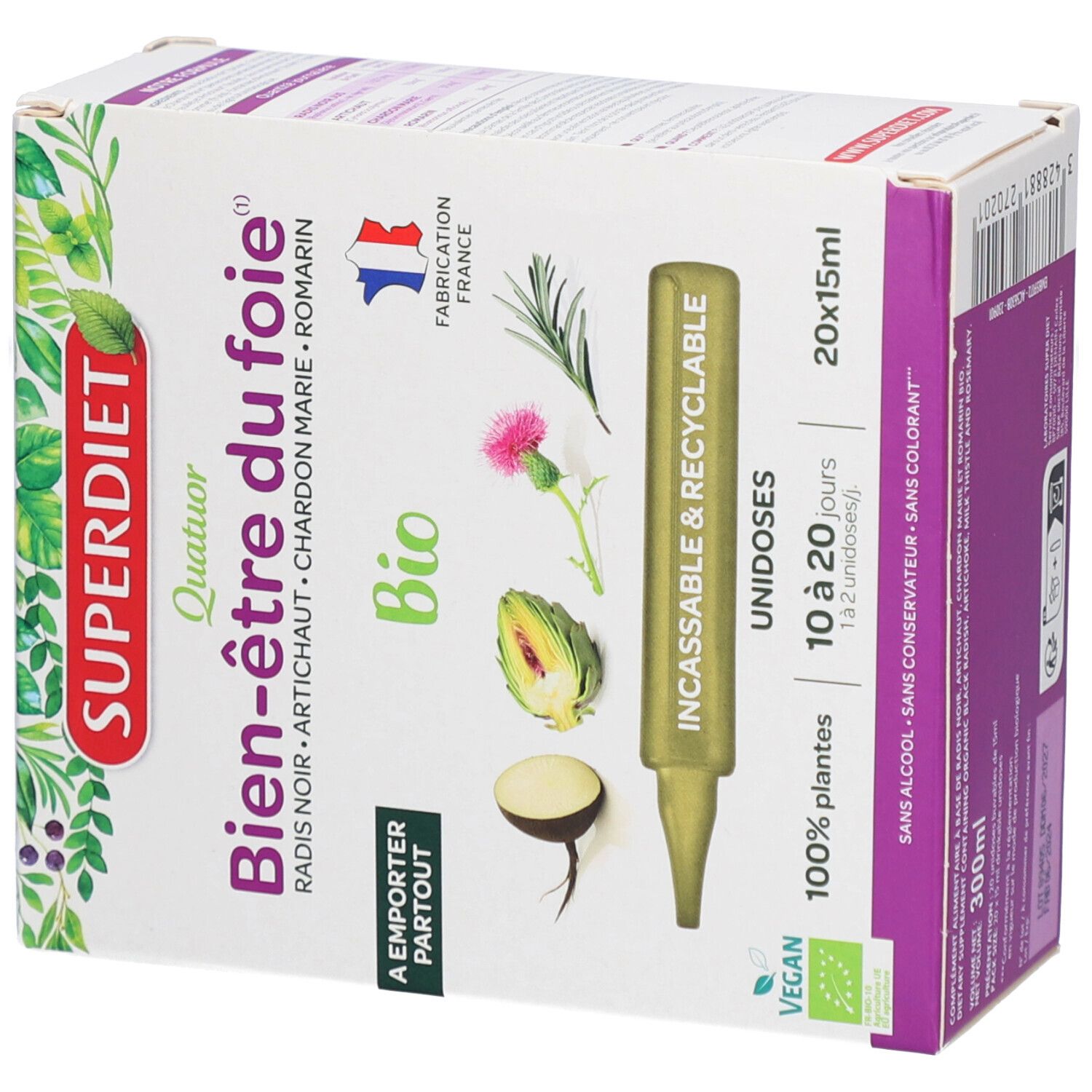 Boîte Superdiet Quatuor Bio Leber. 20 ampoules. Vegan, certification bio, Fabriqué en France. Ampoule visible.