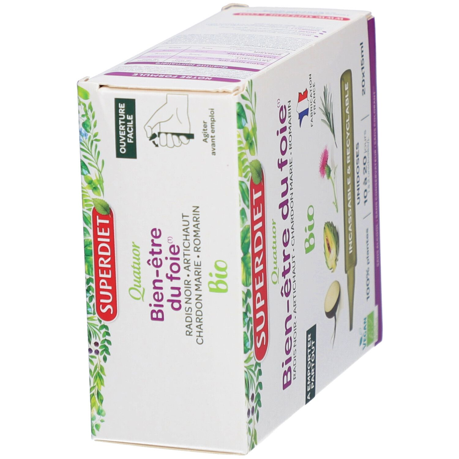 Vue oblique de la boîte Superdiet Quatuor Bio Leber. Texte: Bien-être du foie, Bio, 20 ampoules. Instructions d'ouverture.