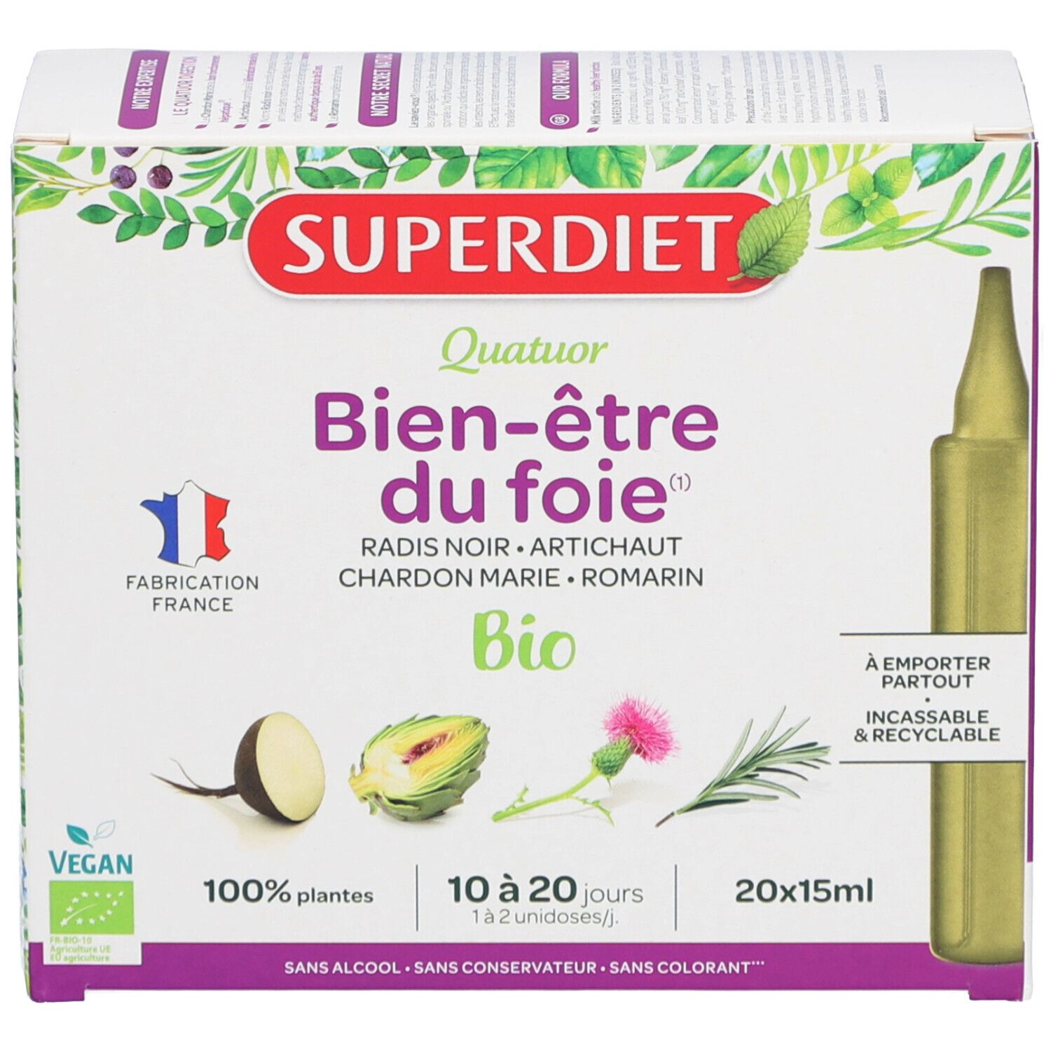 Boîte Superdiet Quatuor Bio Leber. 20 ampoules. Vegan, certification bio, Fabriqué en France. Illustrations de produits.