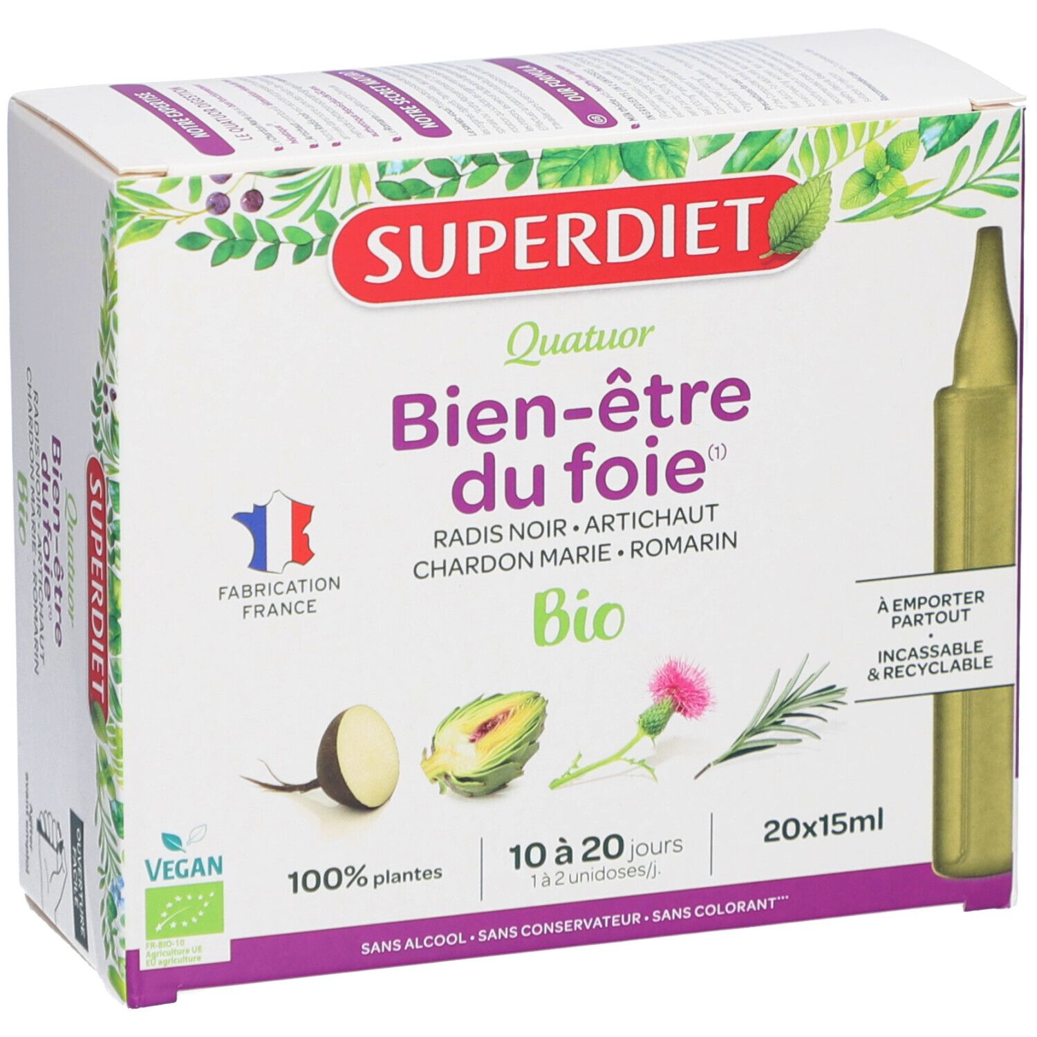 Boîte Superdiet Quatuor Bio Leber. 20 ampoules. Vegan, certification bio, Fabriqué en France. Ampoule visible.