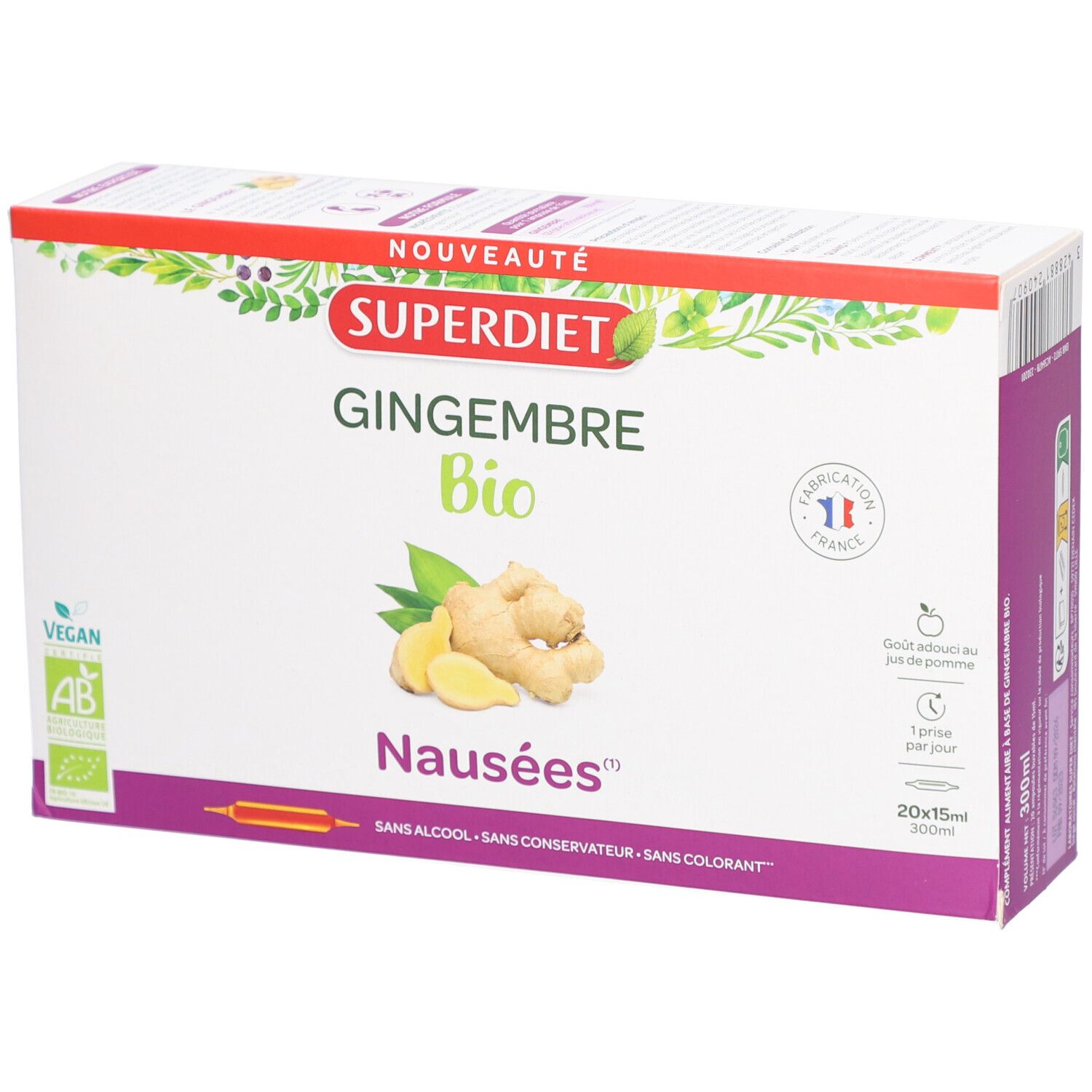 Verpackung von Superdiet Bio-Ingwer gegen Übelkeit. Enthält 20 Ampullen. Vegan, Bio-Zertifizierung. Hergestellt in Frankreich.