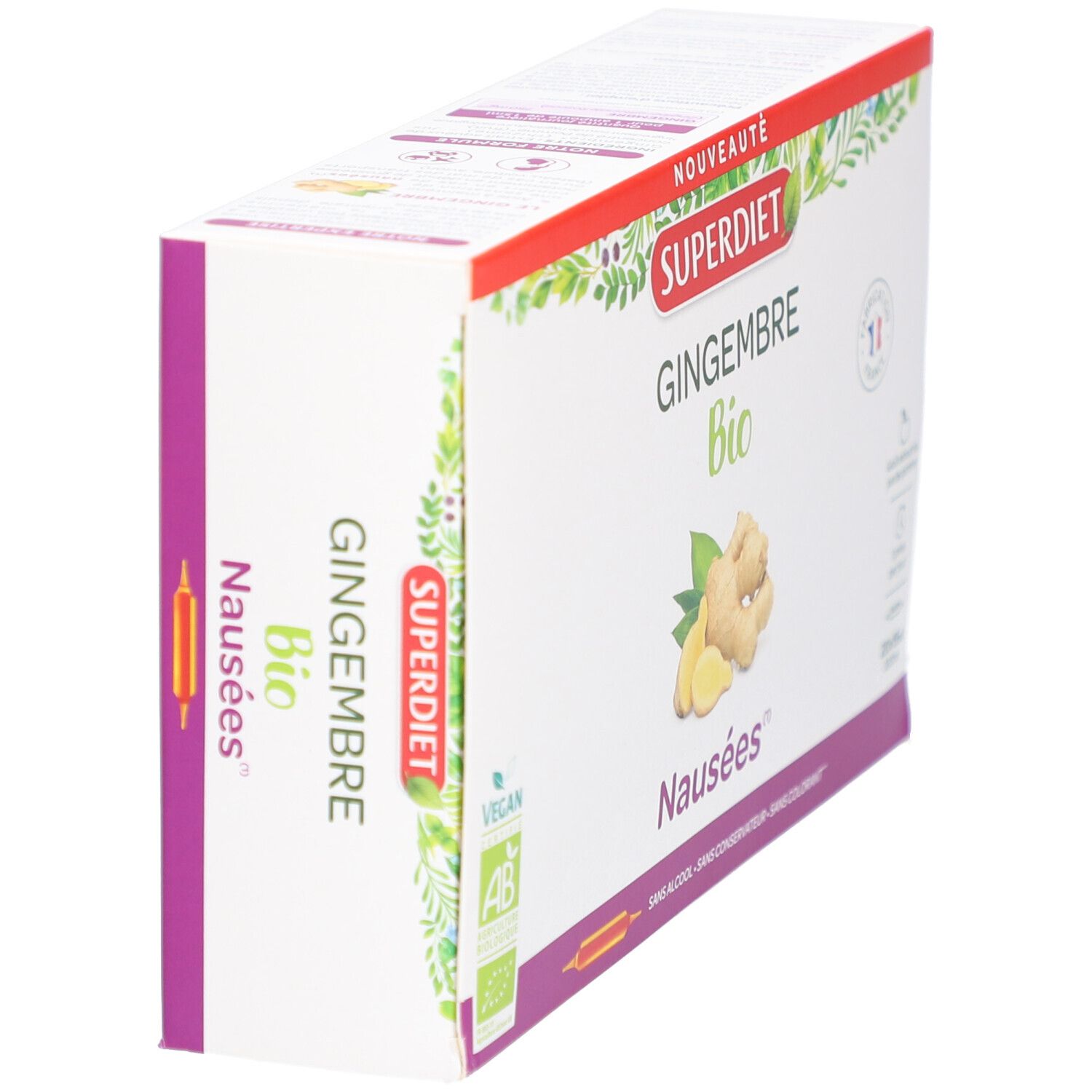 Seitenansicht der Superdiet Bio-Ingwer-Verpackung. Produktname und Logo deutlich sichtbar. Vegan- und Bio-Zertifizierungen.